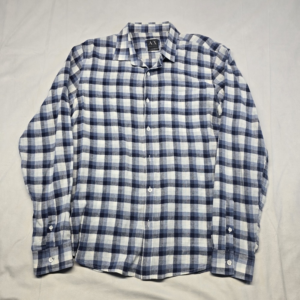 Armani Exchange Linen‎ Blend Plaid Long Sleeve Button Down Shirt Men Size Medium